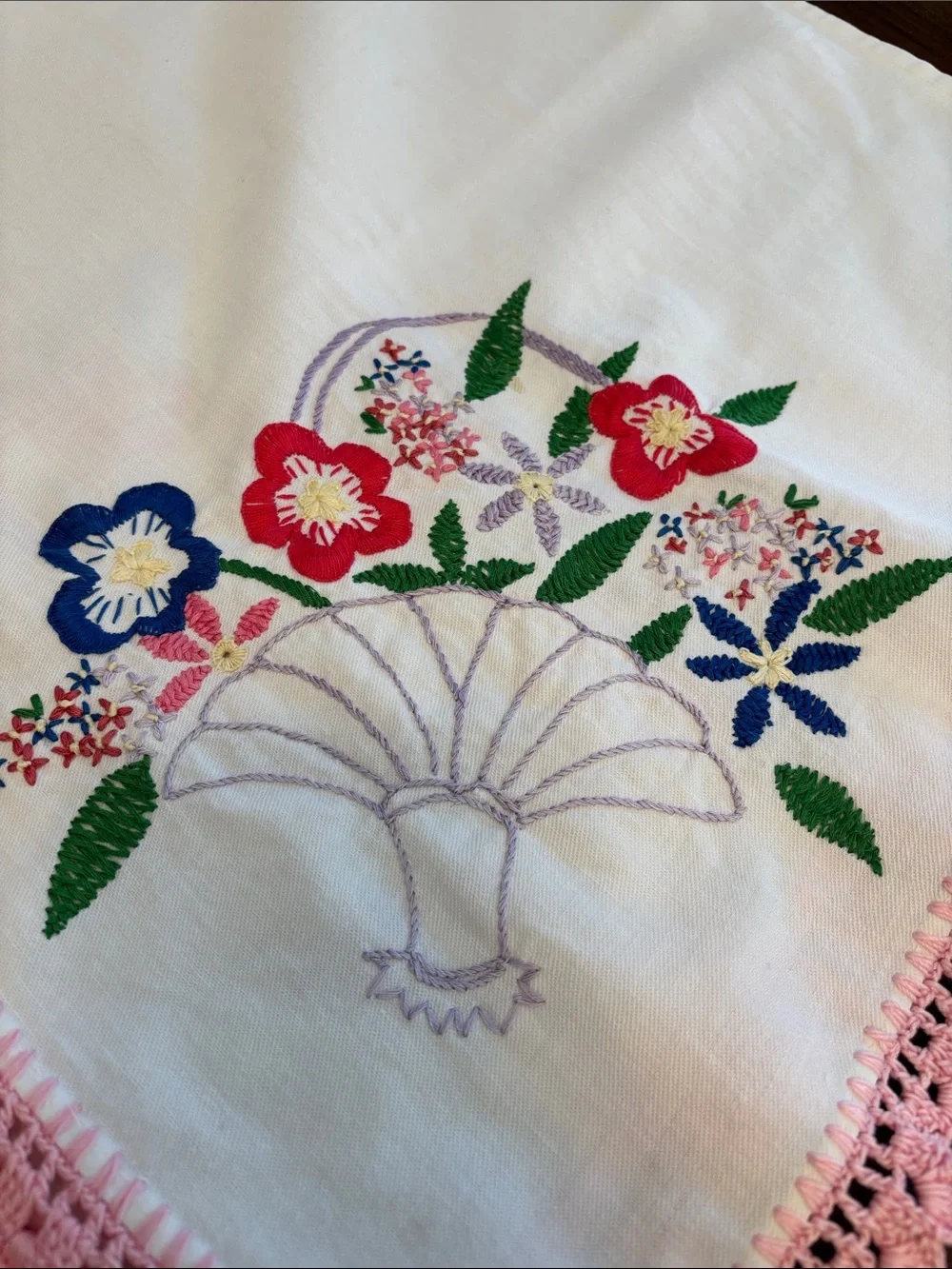 Embroidered Floral Linen Runner with Pink Crochet Trim- Fabulous!